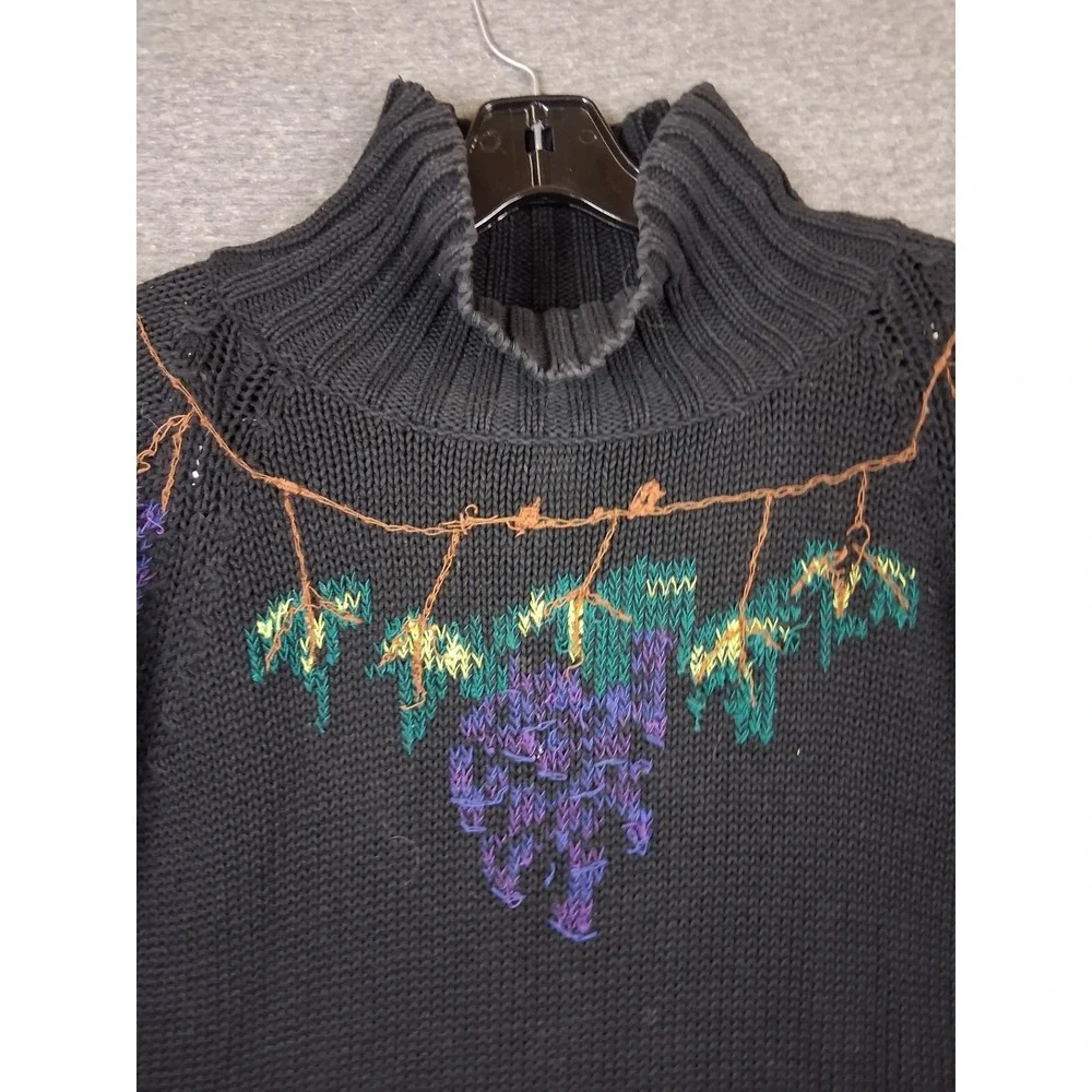 Cambridge Womens Sweater Large Black Grape Vine Embroidered Turtleneck VTG‎